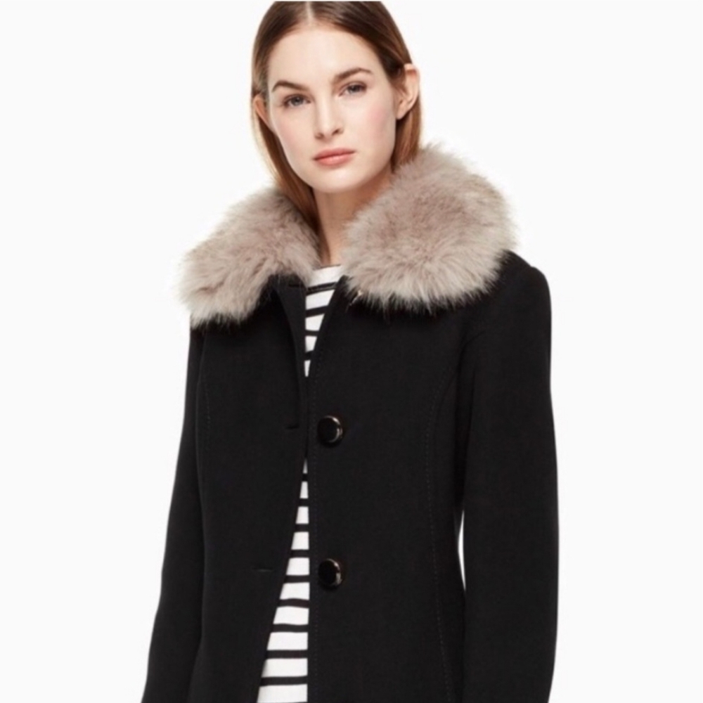 $698 Kate Spade New York Womens Faux Fur Collar Coat Twill Wool Black Coat, XS